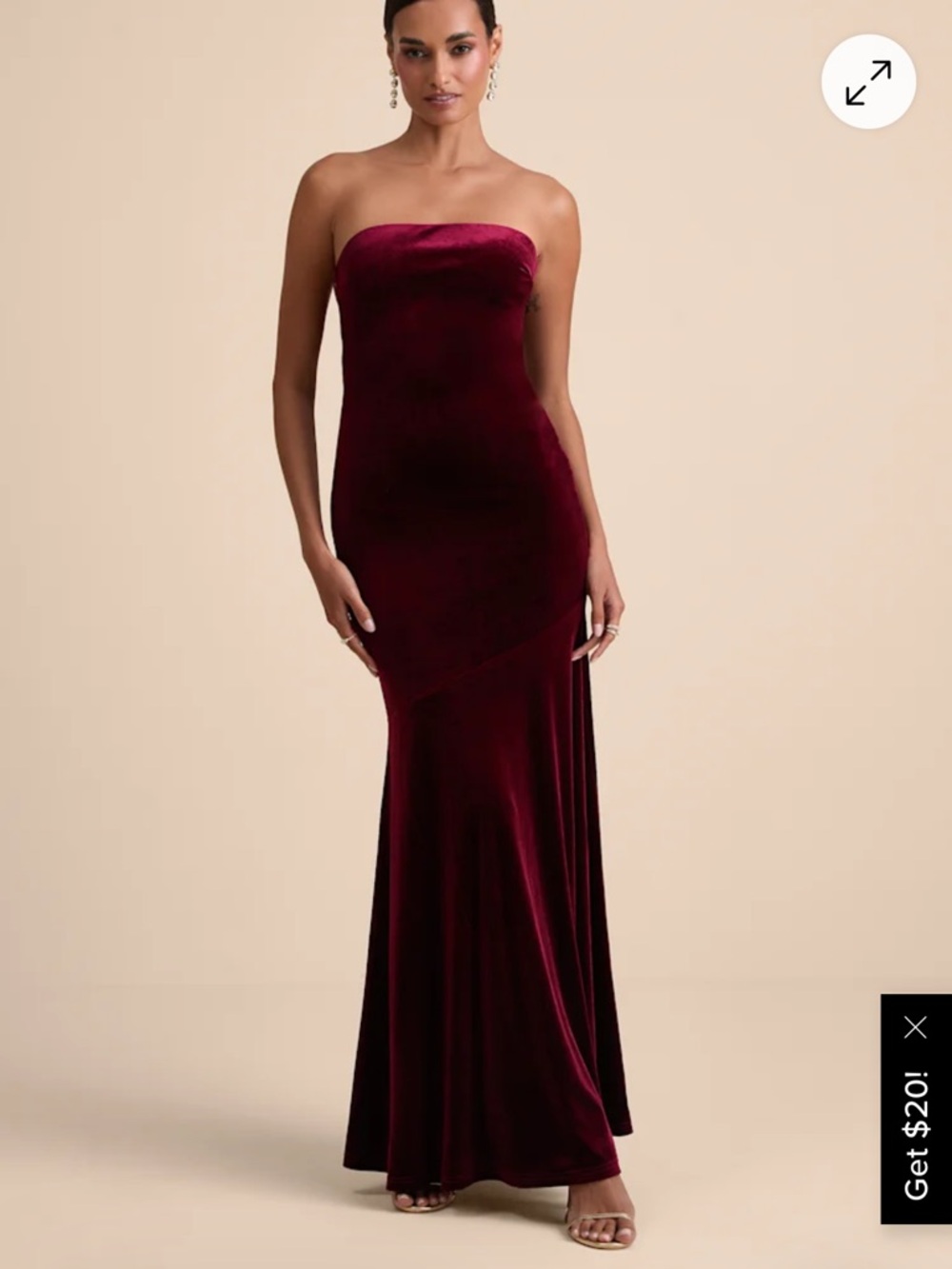 Lulu's Burgundy Velvet Strapless Gown with Sheer Bow Back